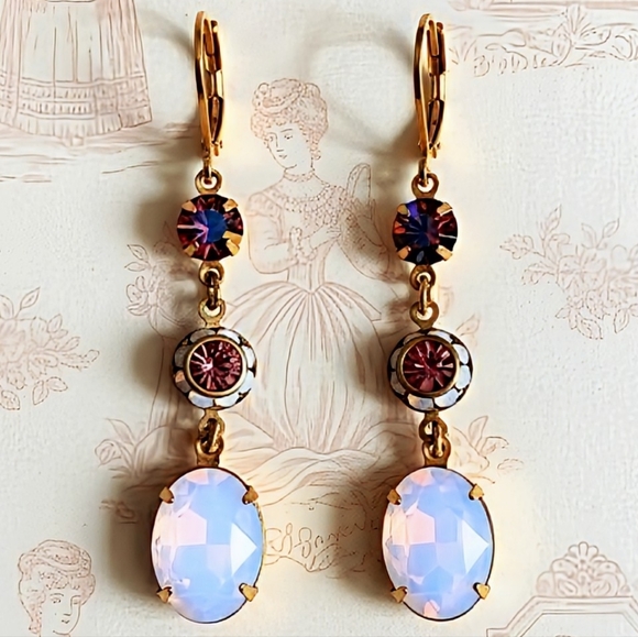 Swarovski Elements Pink AB And Pink Opal Flower Dangle Drop Earrings - Picture 1 of 4